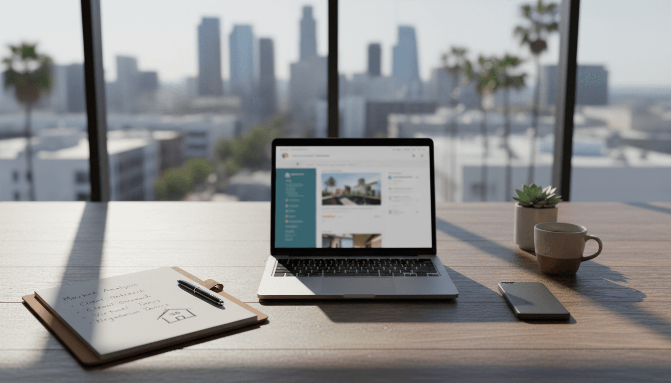 Professional real estate workspace with laptop, notes, and phone on wooden desk in modern Los Angeles office