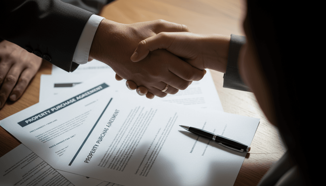Close-up of hands reviewing property documents during real estate negotiation